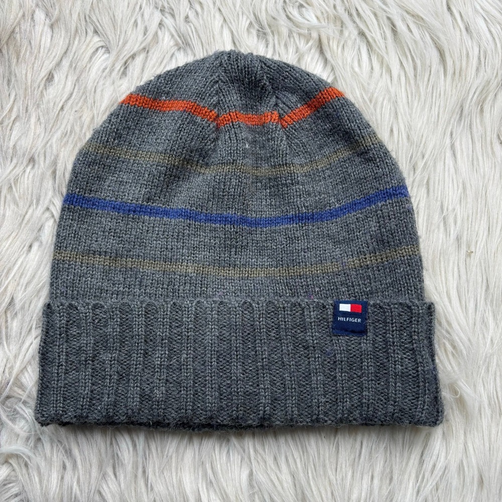 Tommy Hilfiger Men's OS Gray Striped Knit Beanie Hat Preppy Retro Blue Orange